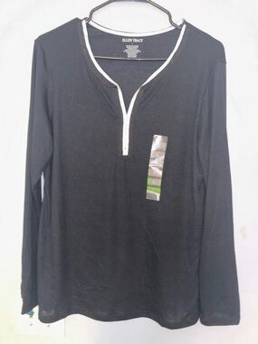 Ellen Tracy Black Top with Cream Trim blusa